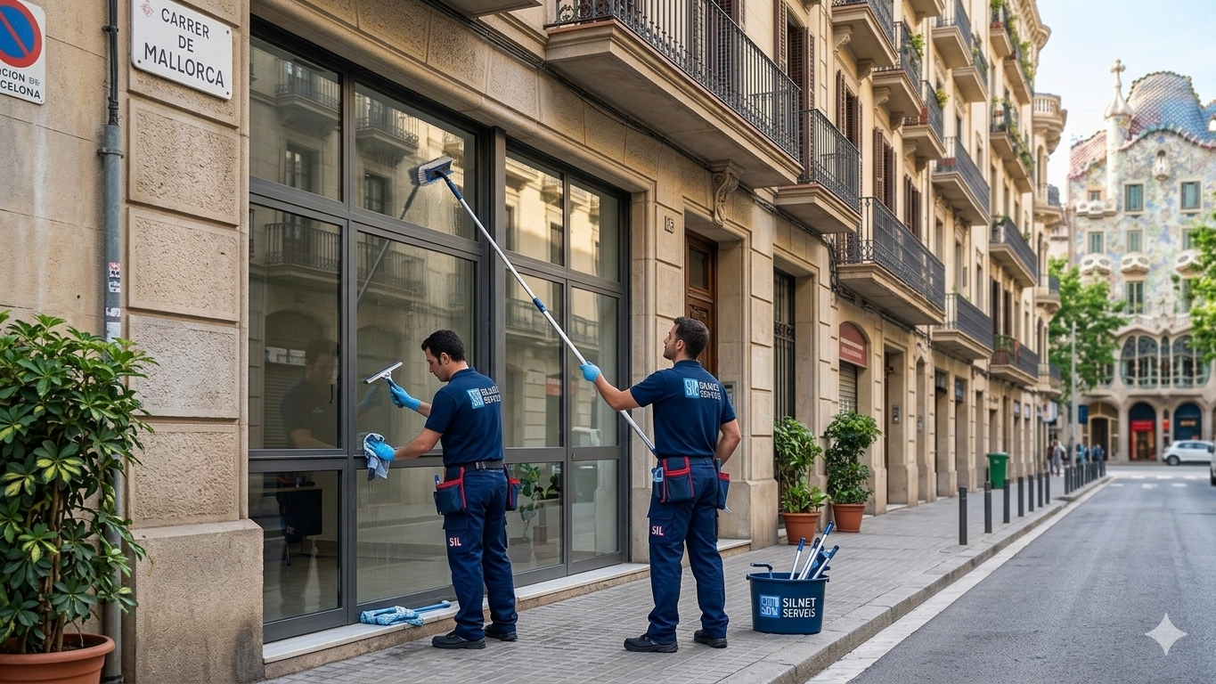 Limpieza de cristales en un local comercial